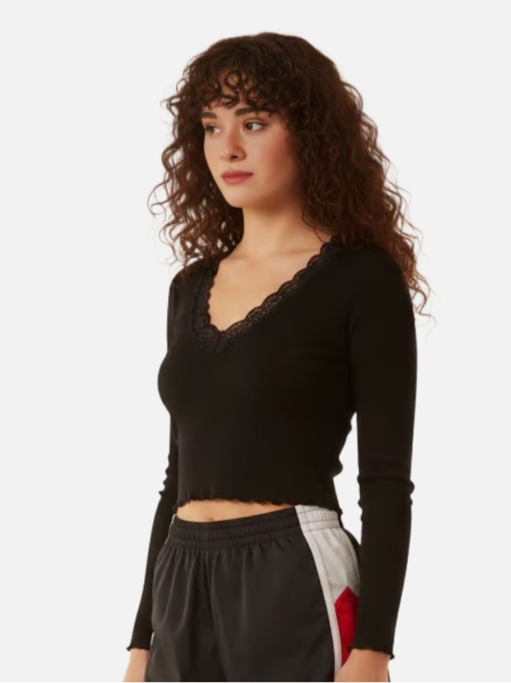 Women's Black Long Sleeve Top with Lace Trim
